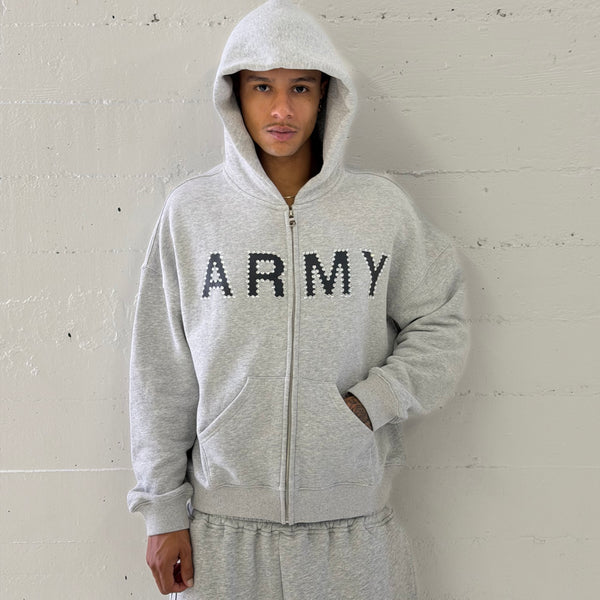 "ARMY" Rhinestone Grey Zip Up Hoodie